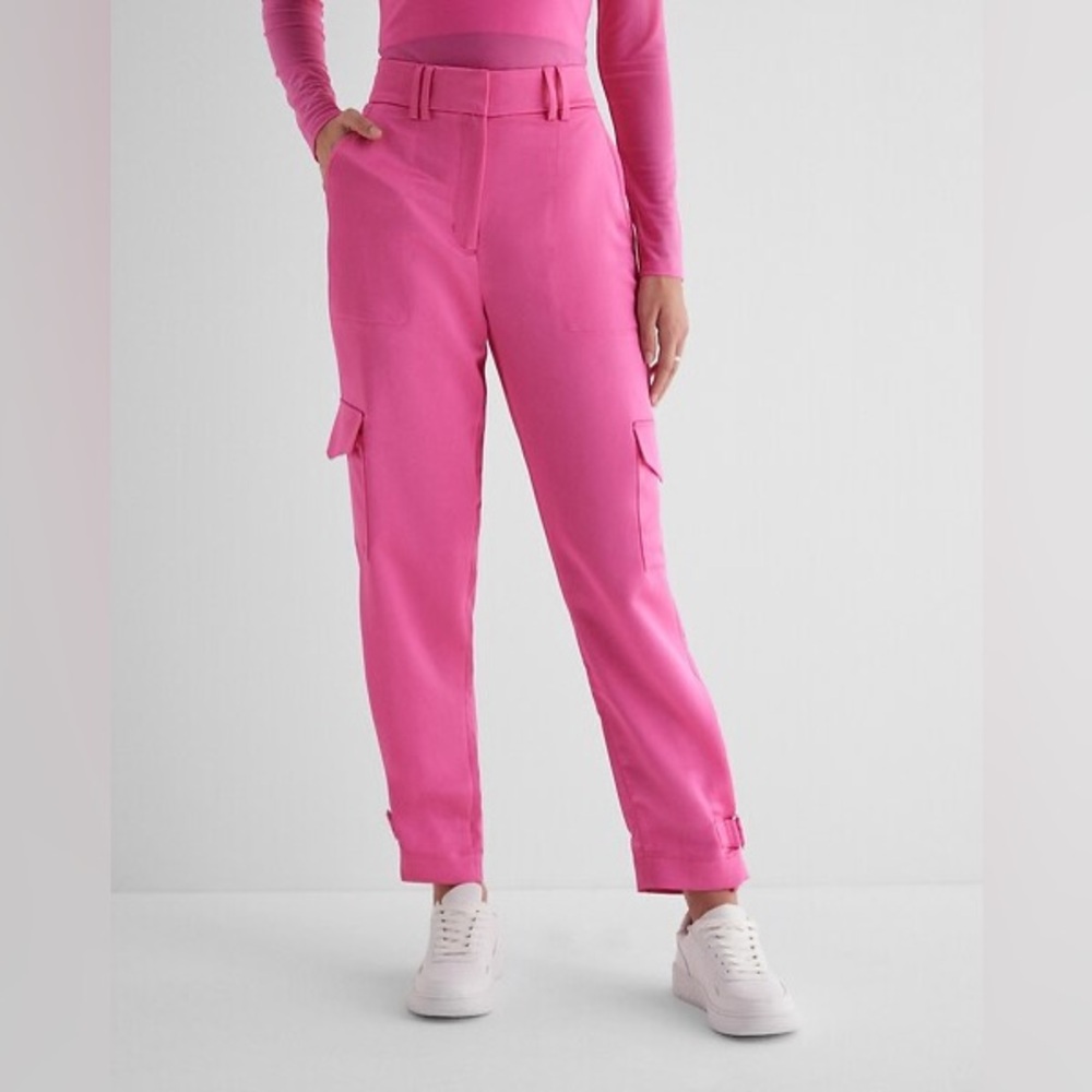 Super High Waisted Pink Satin Cargo Ankle Pant